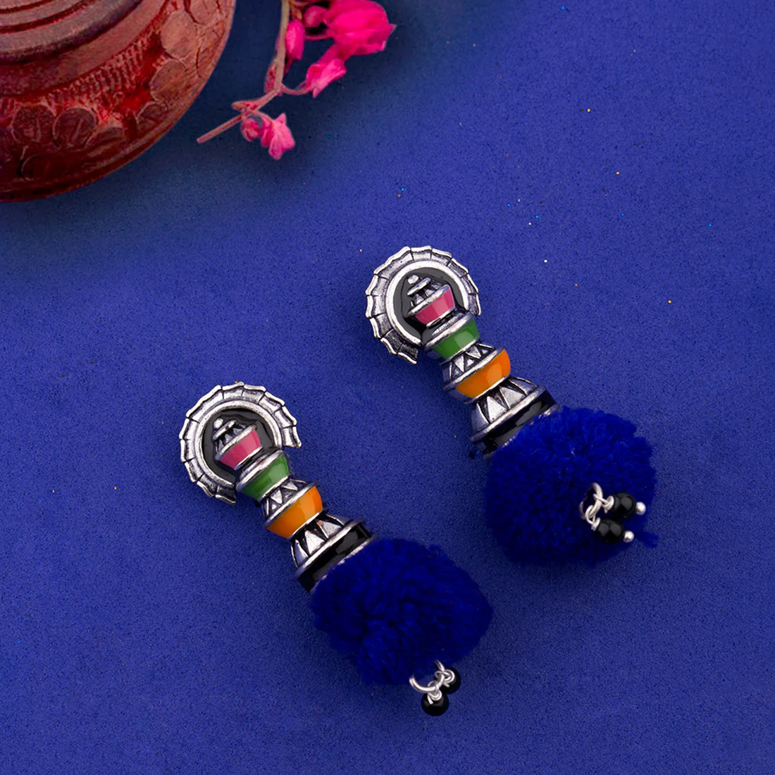 Kalbelia Enameled Pom Pom Earrings