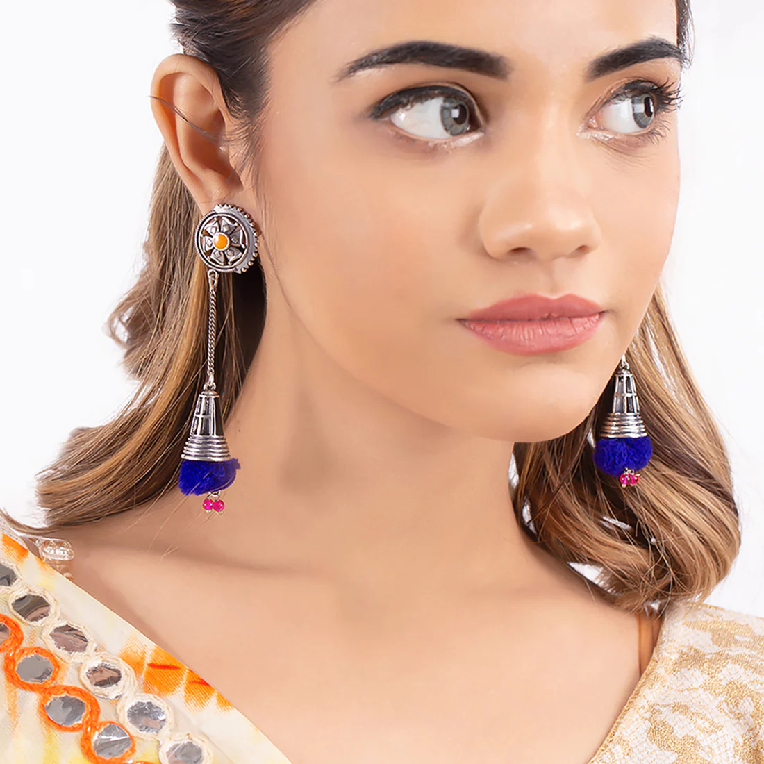 Kalbelia Long Pom Pom Earrings - Image 2