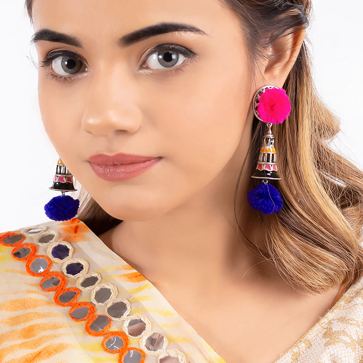 Kalbelia Pom Pom Long Earrings - Image 2