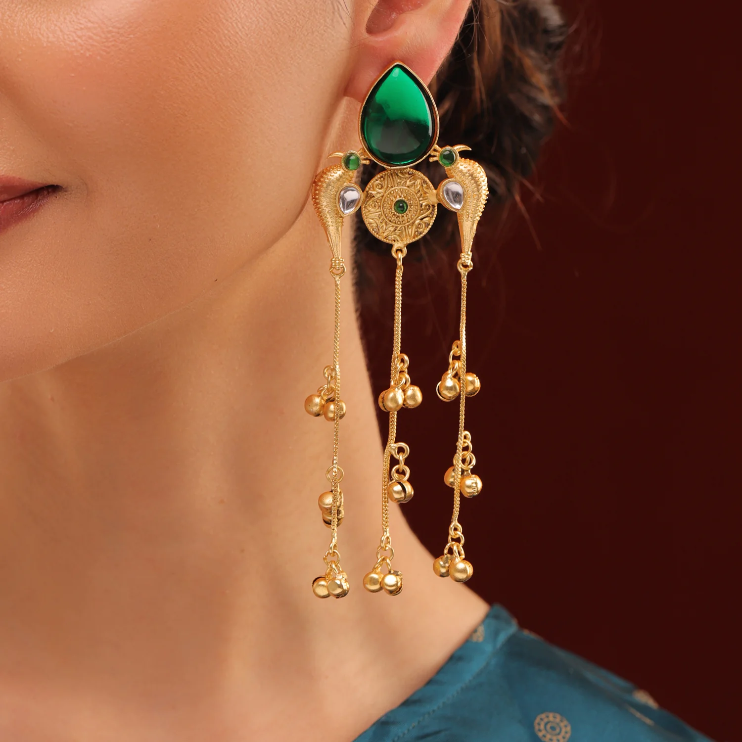 Kashmiri Royal Afsana Long Gold Ghungroo Earrings
