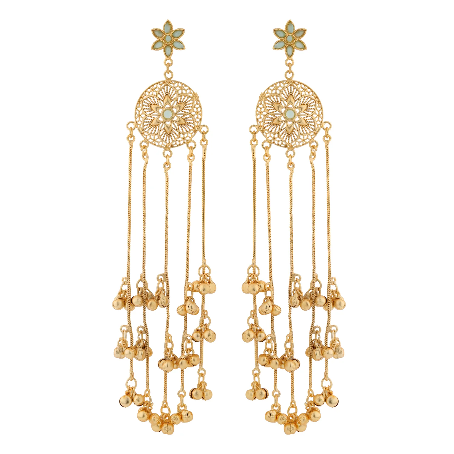 Kashmiri Royal Gulbahar Long Gold Ghungroo Earrings - Image 4