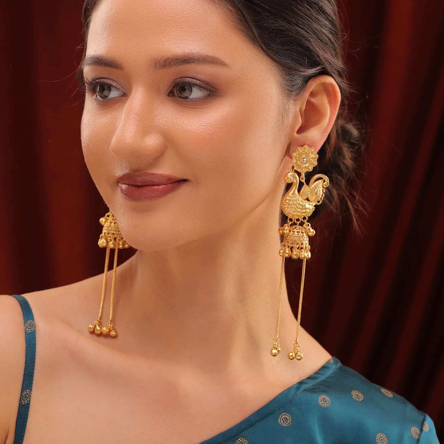 Kashmiri Royal Mayur Long Gold Ghungroo Earrings - Image 2