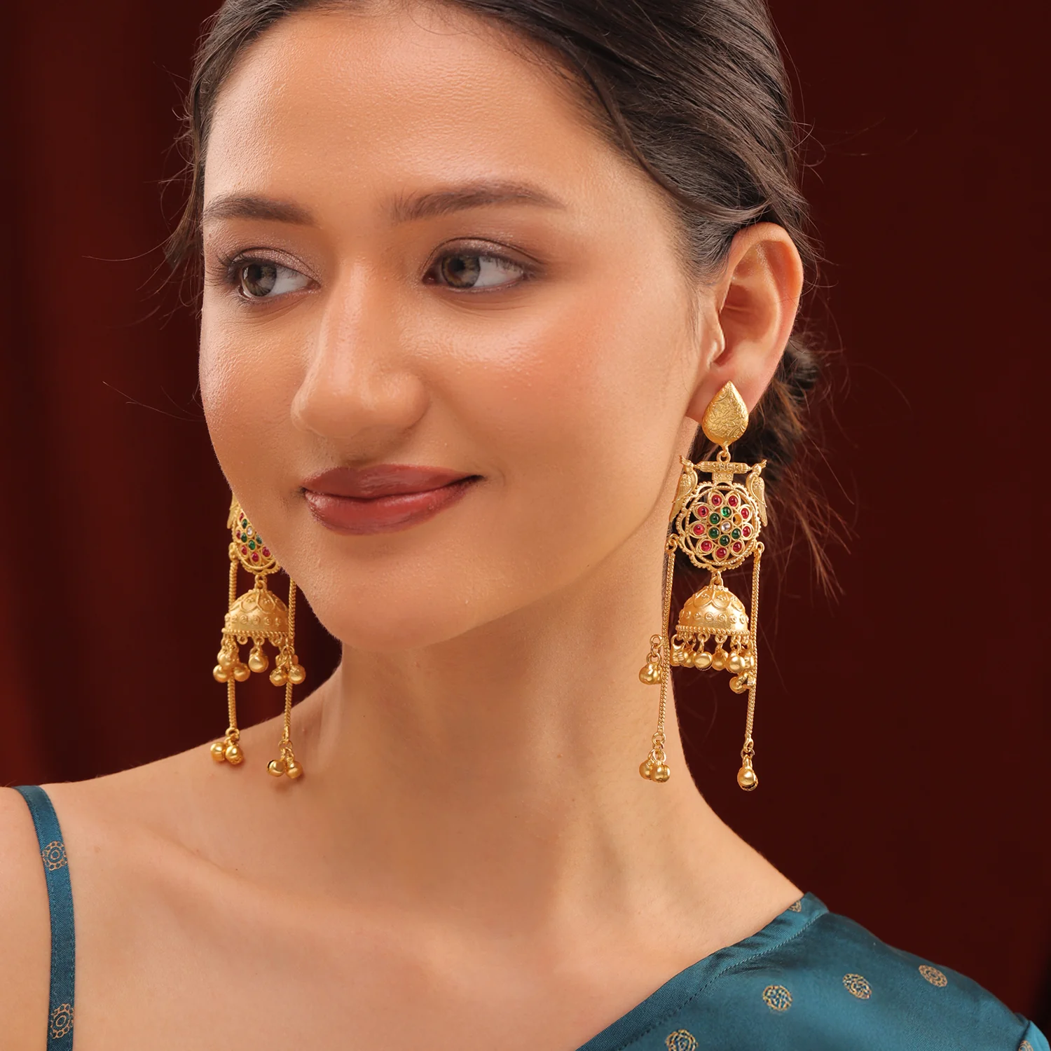 Kashmiri Royal Noor Gold Jhumka Ghungroo Earrings - Image 2