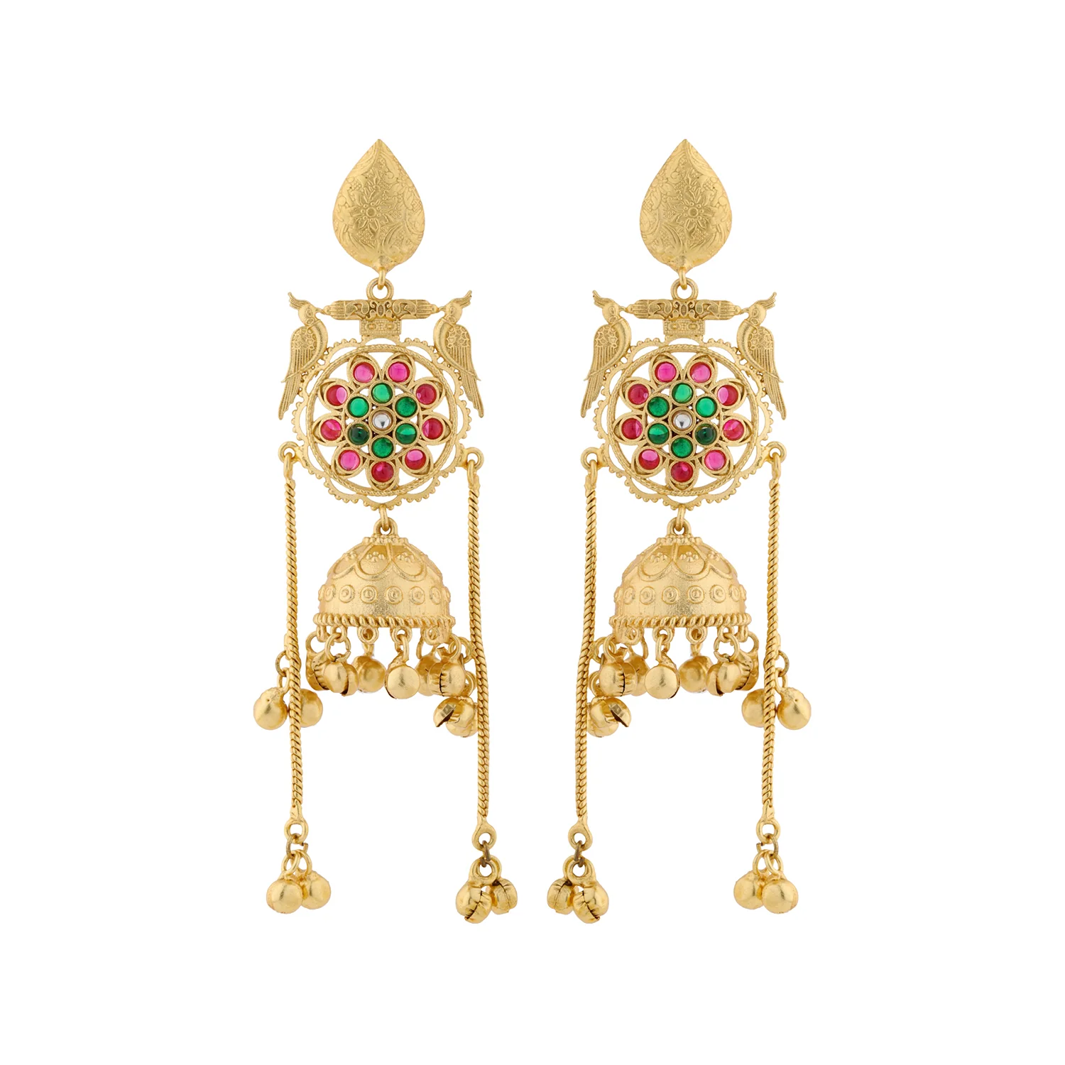 Kashmiri Royal Noor Gold Jhumka Ghungroo Earrings - Image 4