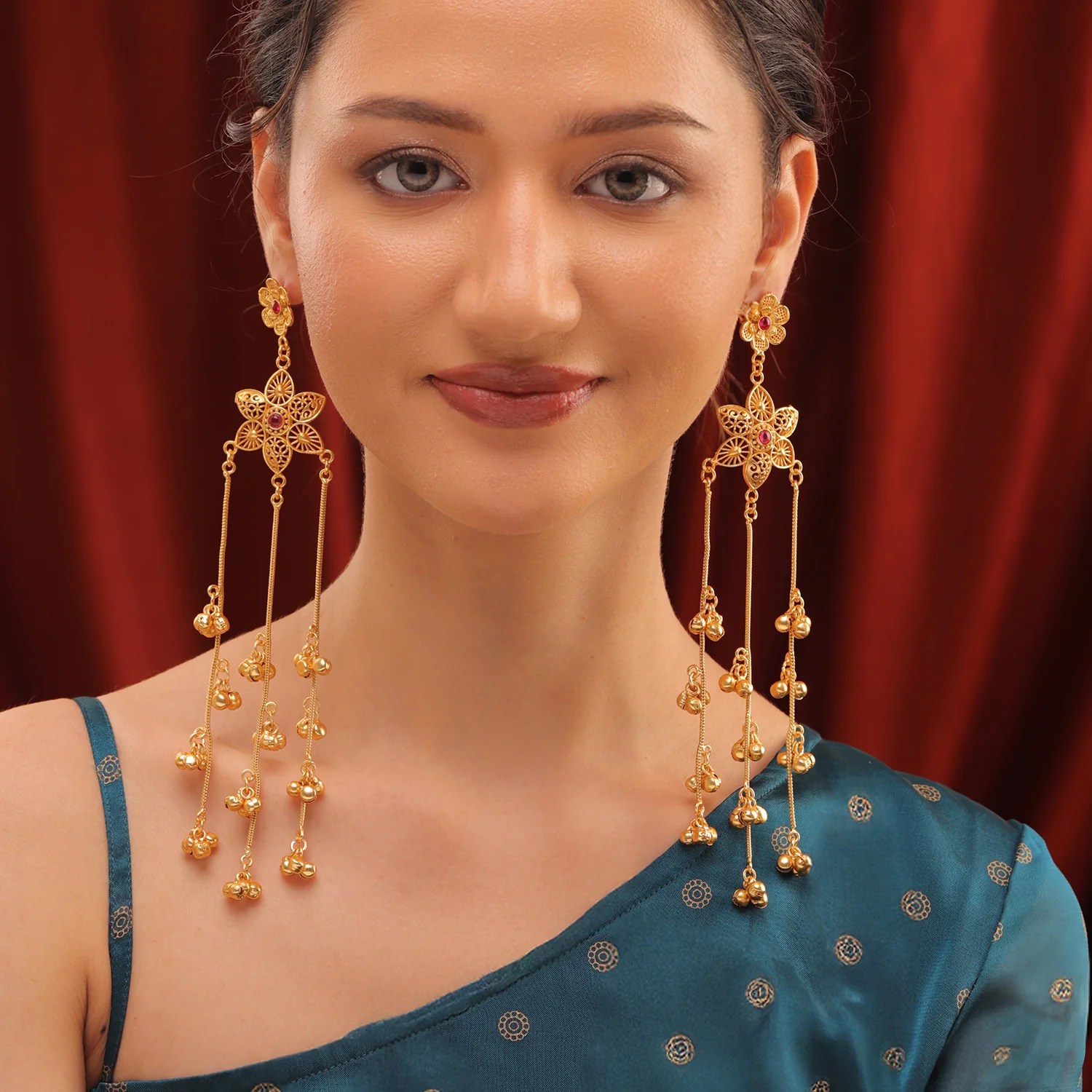 Kashmiri Royal Roshni Long Gold Ghungroo Earrings - Image 2