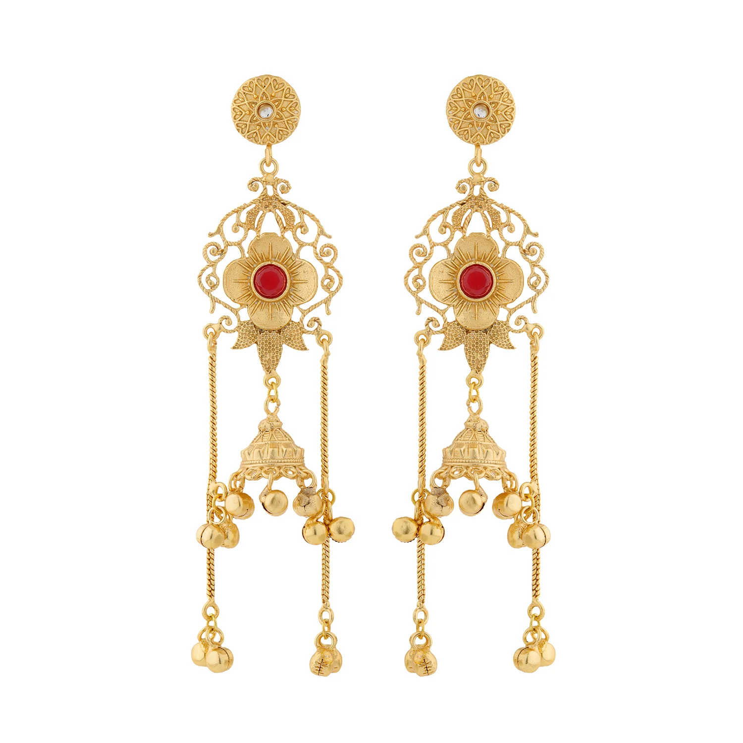 Kashmiri Royal Sitara Jhumka Gold Ghungroo Earrings - Image 3