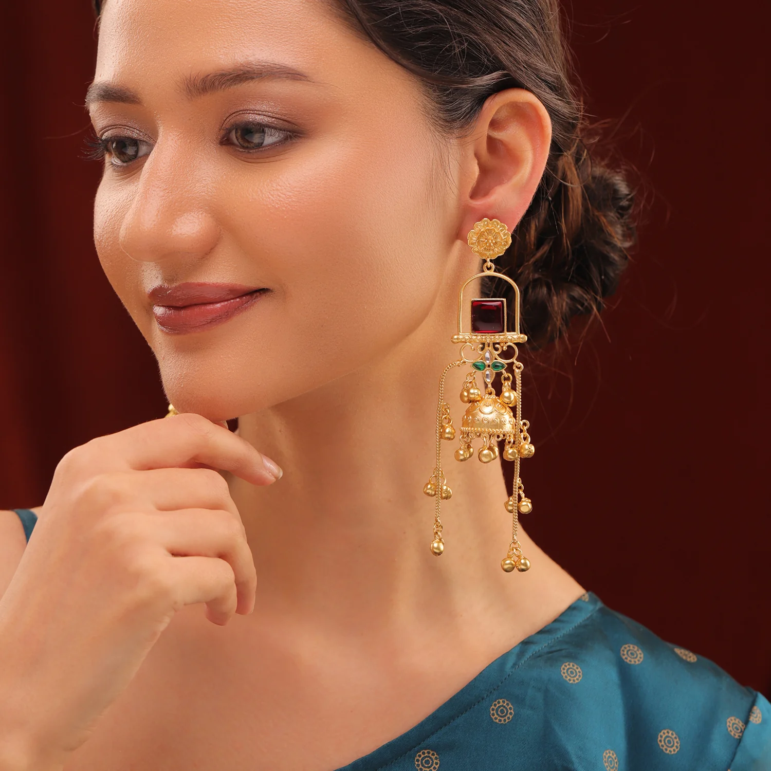 Kashmiri Royal Zareen Jhumka Gold Ghungroo Earrings - Image 2