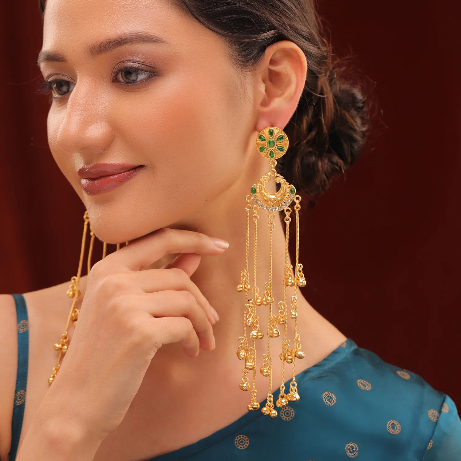 Kashmiri Royal Zareen Long Gold Ghungroo Earrings - Image 2