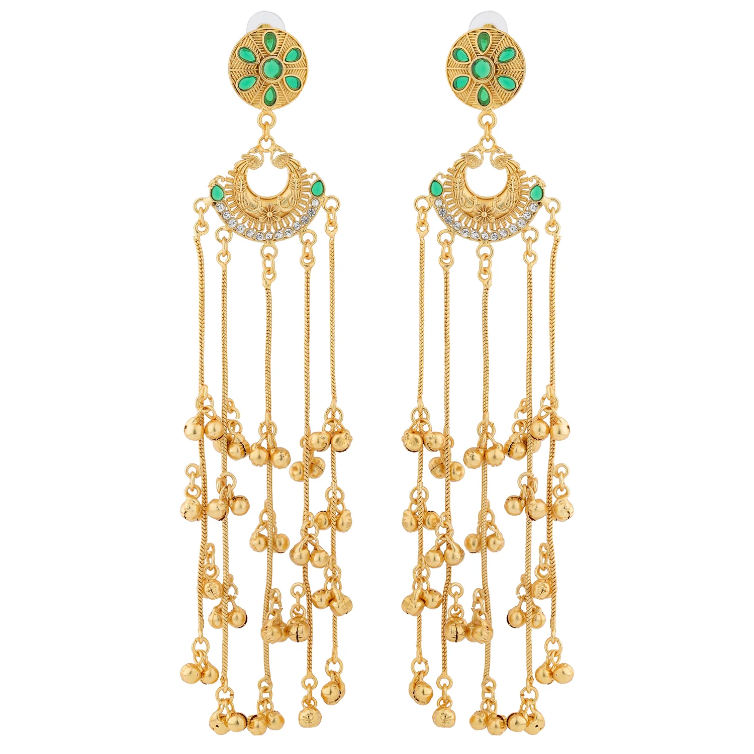 Kashmiri Royal Zareen Long Gold Ghungroo Earrings - Image 4