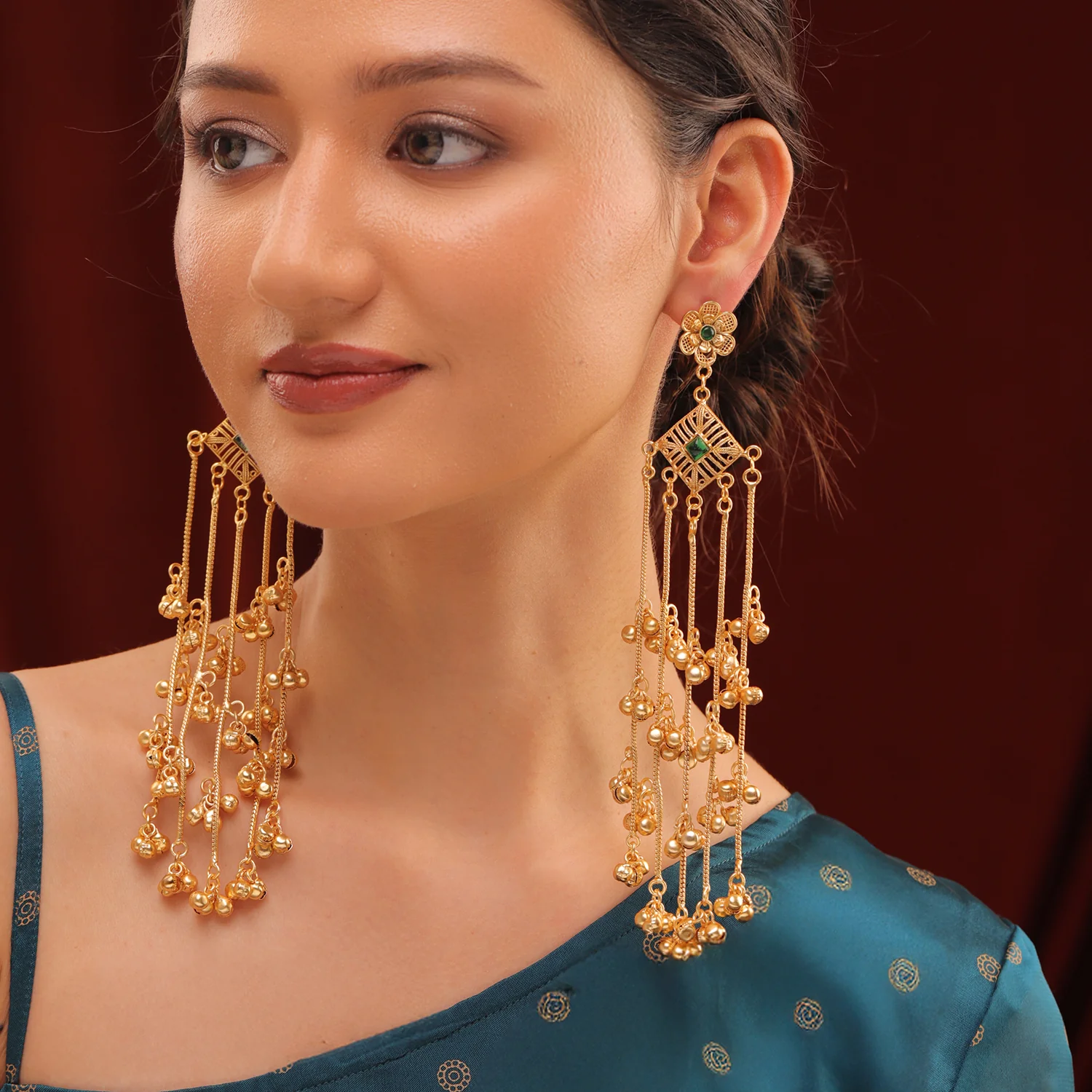 Kashmiri Royal Zehra Long Gold Ghungroo Earrings - Image 2