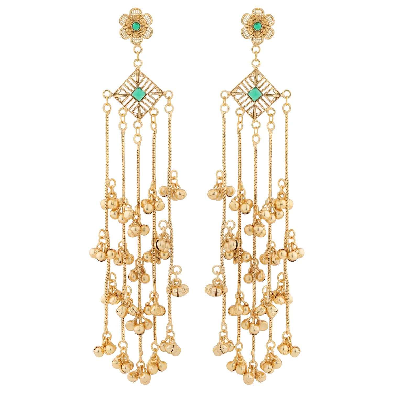 Kashmiri Royal Zehra Long Gold Ghungroo Earrings - Image 4