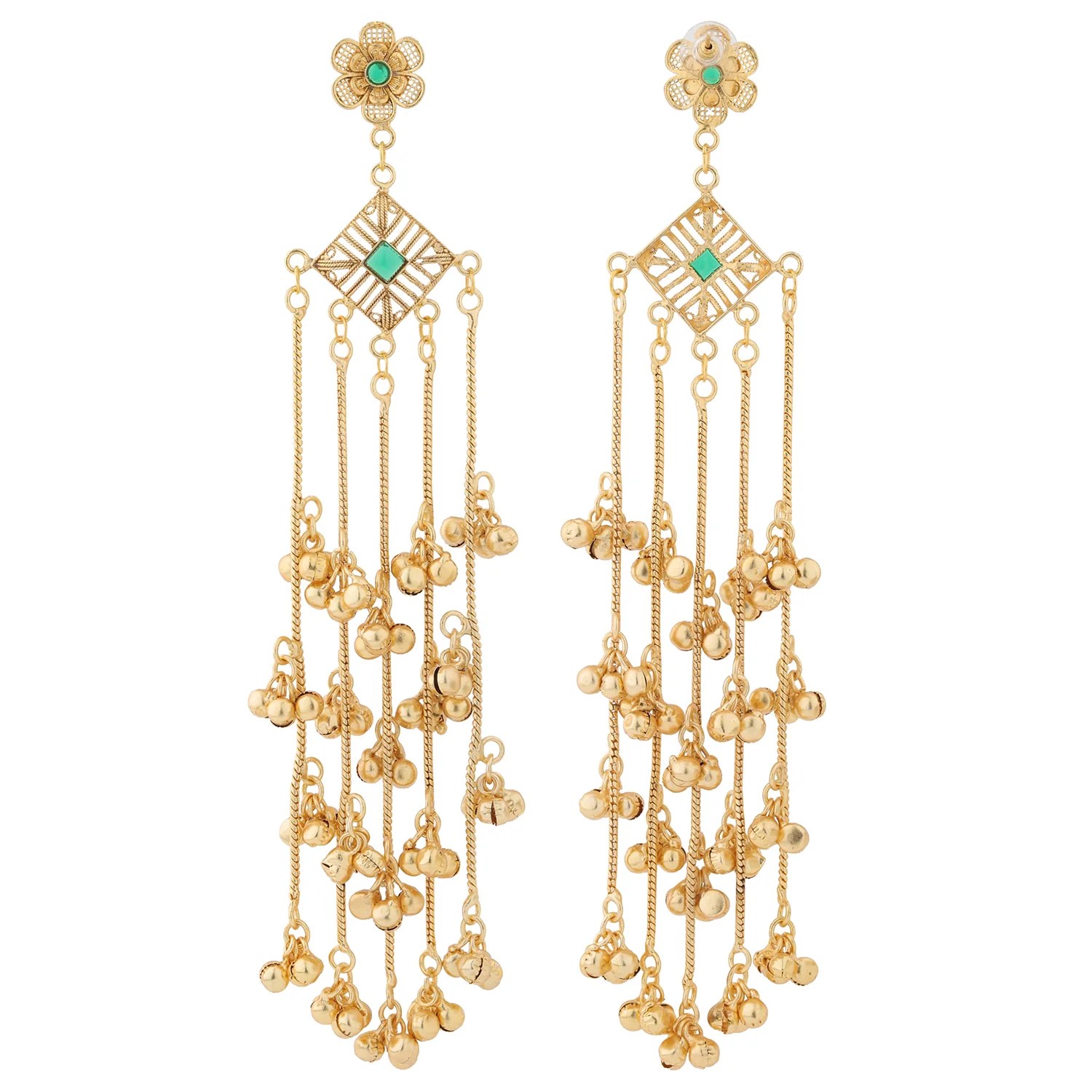Kashmiri Royal Zehra Long Gold Ghungroo Earrings - Image 5