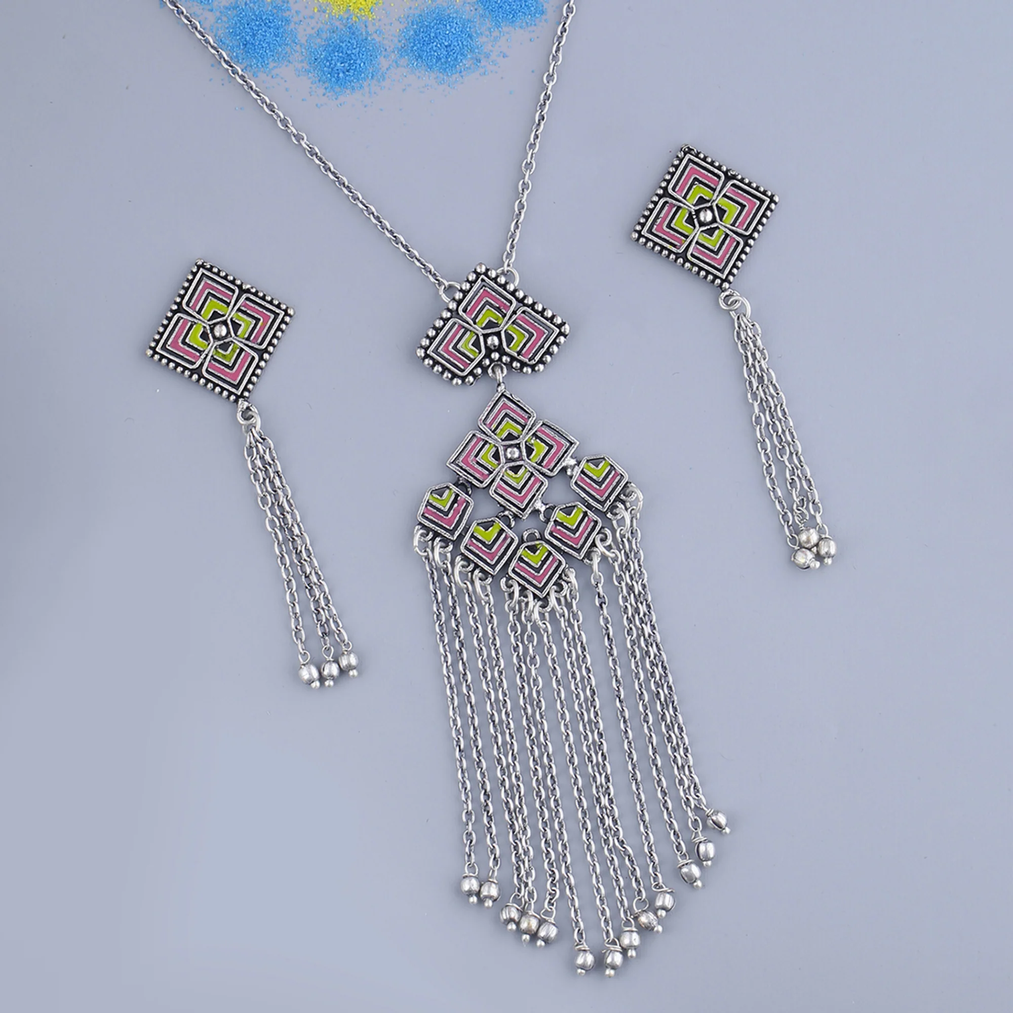 Kolam Art Tassels Drop Pendant Set