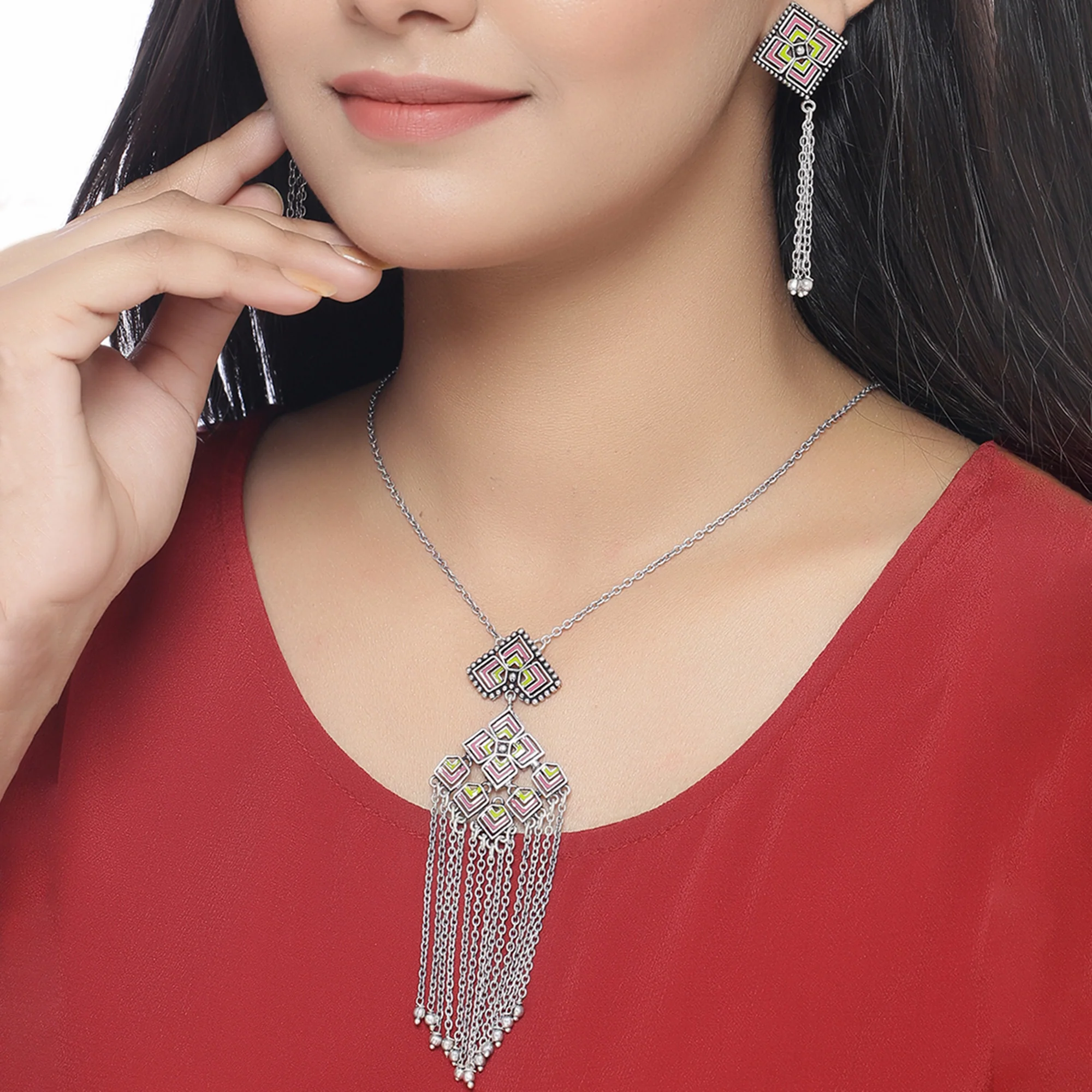 Kolam Art Tassels Drop Pendant Set - Image 2