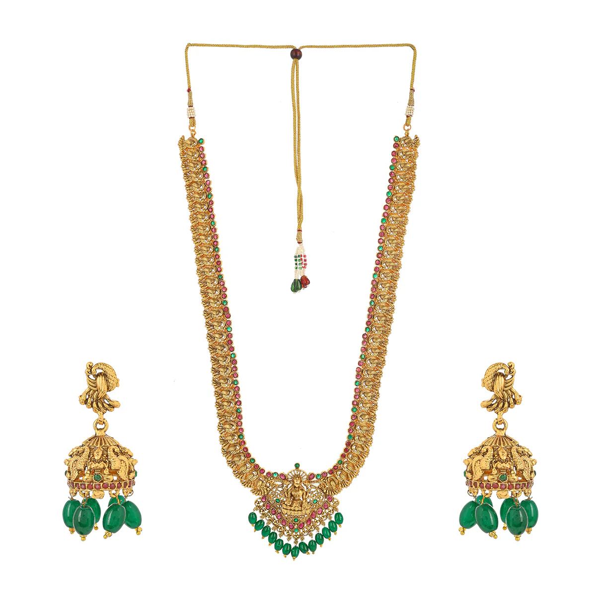 Kundan and Faux Pearls Goddess Lakshmi Motif Brass Gold Plated Jewellery Set - Image 2