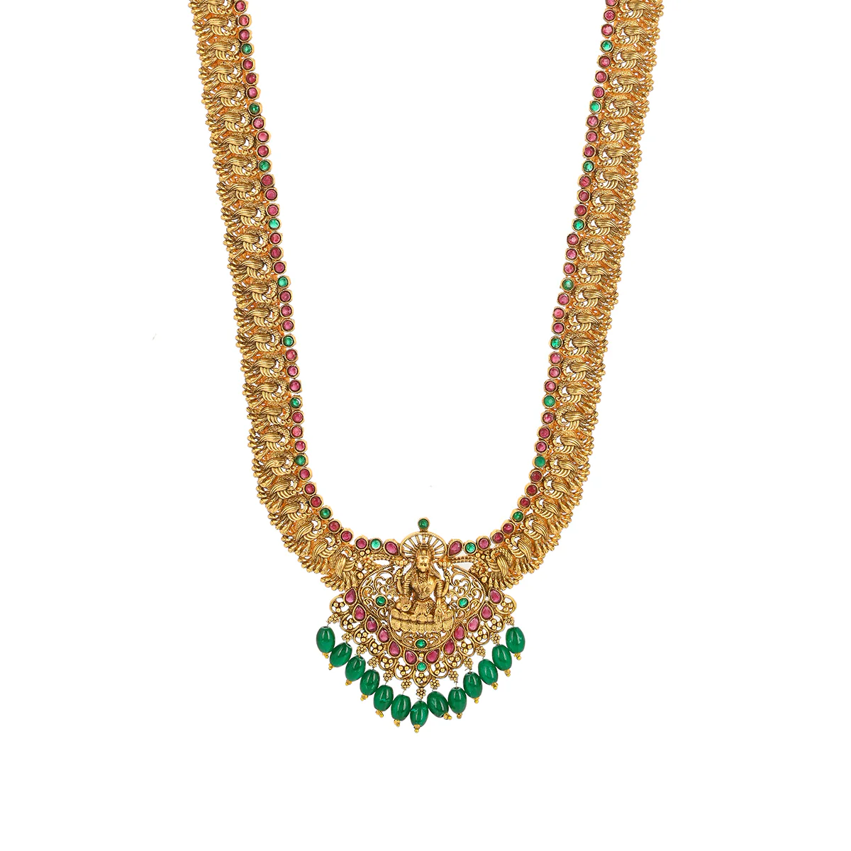 Kundan and Faux Pearls Goddess Lakshmi Motif Brass Gold Plated Jewellery Set - Image 3