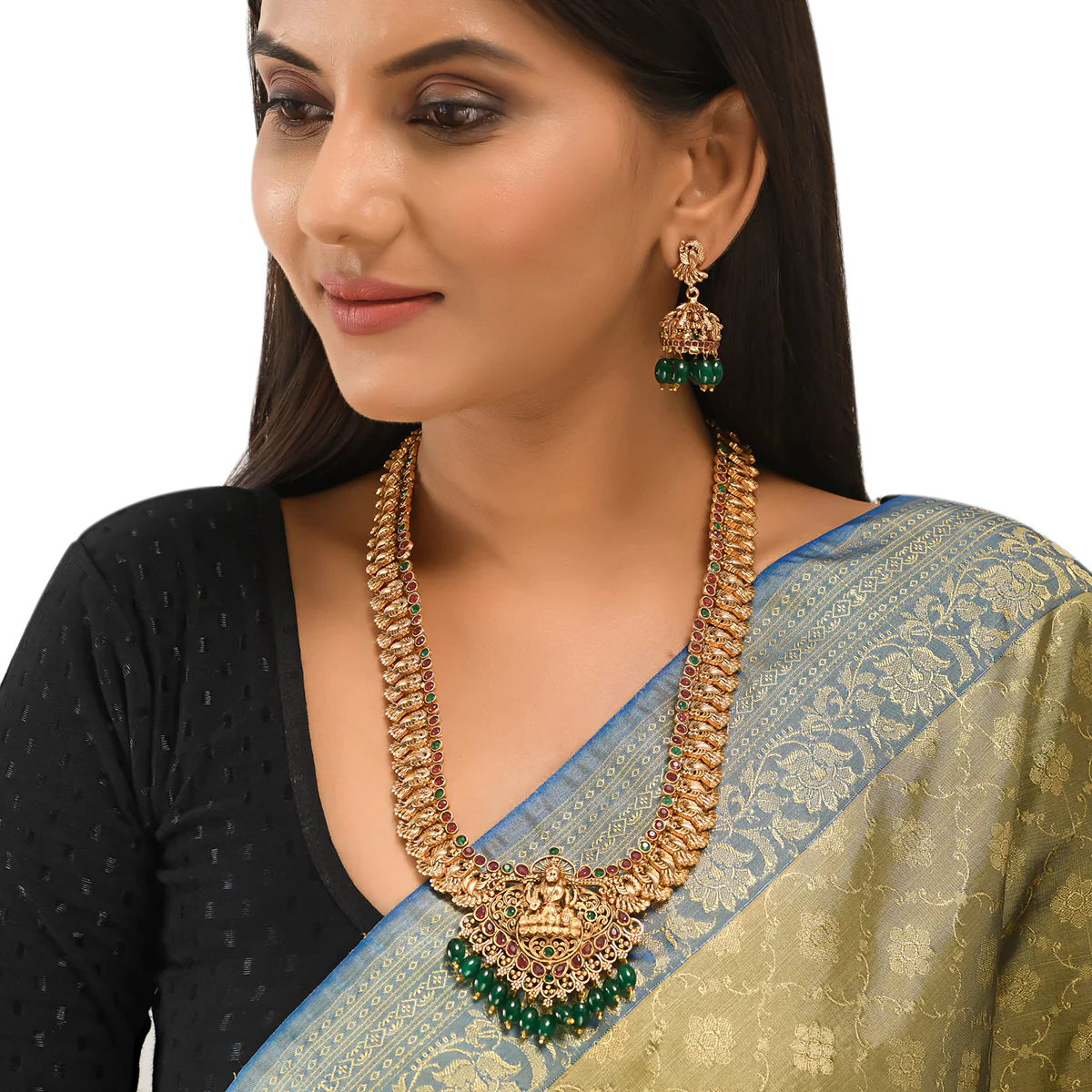 Kundan and Faux Pearls Goddess Lakshmi Motif Brass Gold Plated Jewellery Set - Image 6