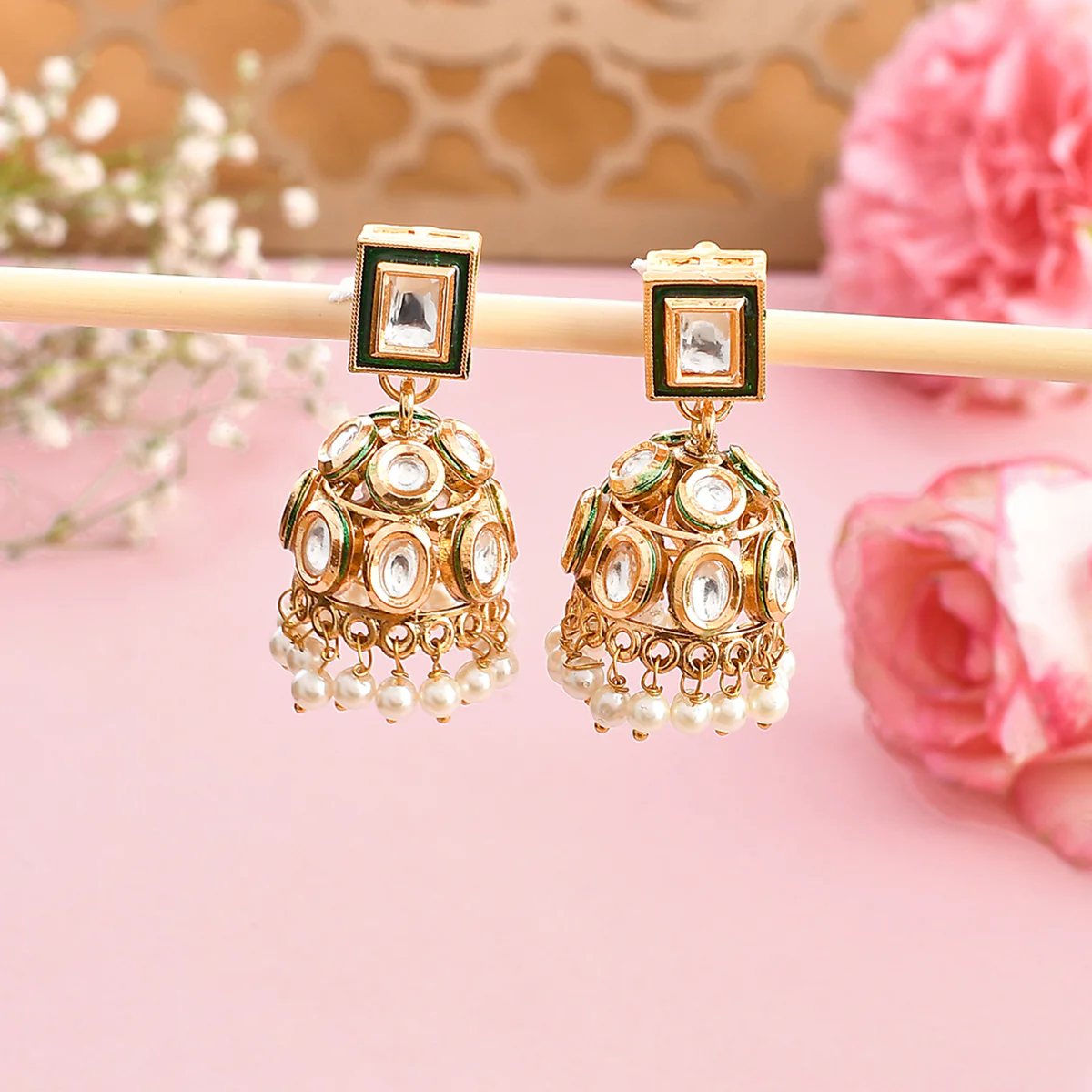 Kundan Elegance Casual Faux Kundan White Pearls Jhumka Earrings