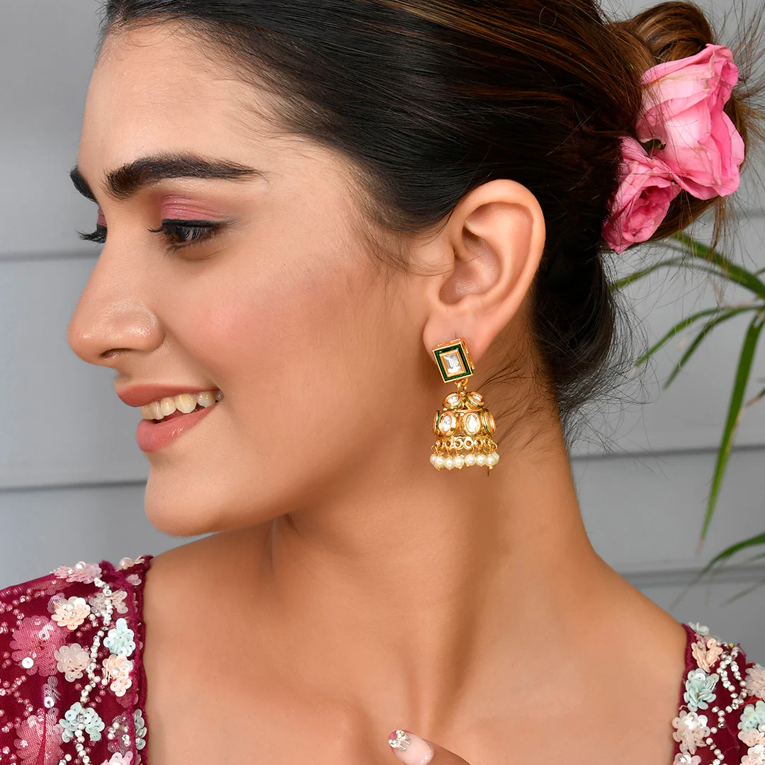 Kundan Elegance Casual Faux Kundan White Pearls Jhumka Earrings - Image 2