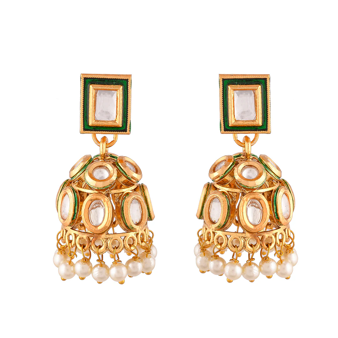 Kundan Elegance Casual Faux Kundan White Pearls Jhumka Earrings - Image 3