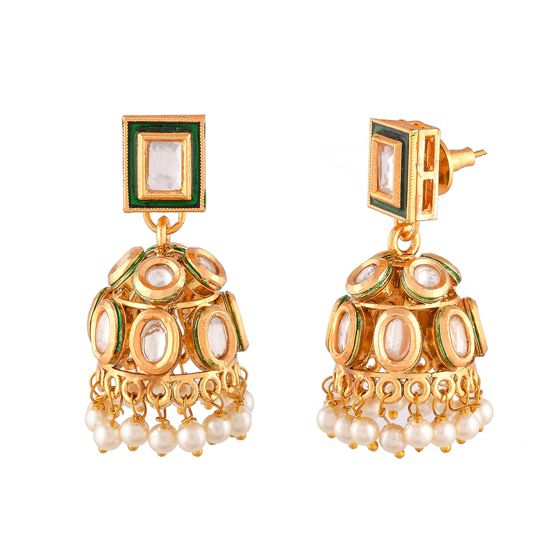 Kundan Elegance Casual Faux Kundan White Pearls Jhumka Earrings - Image 4