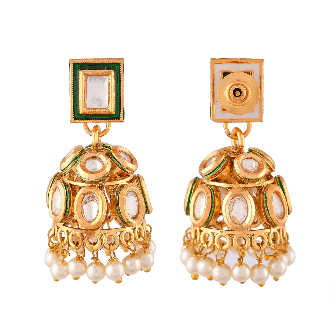 Kundan Elegance Casual Faux Kundan White Pearls Jhumka Earrings - Image 5