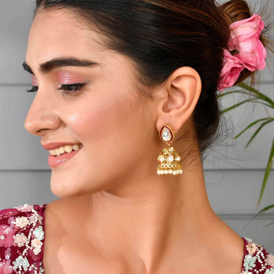 Kundan Elegance Dainty Pearls and Faux Kundan Jhumka Earrings - Image 2