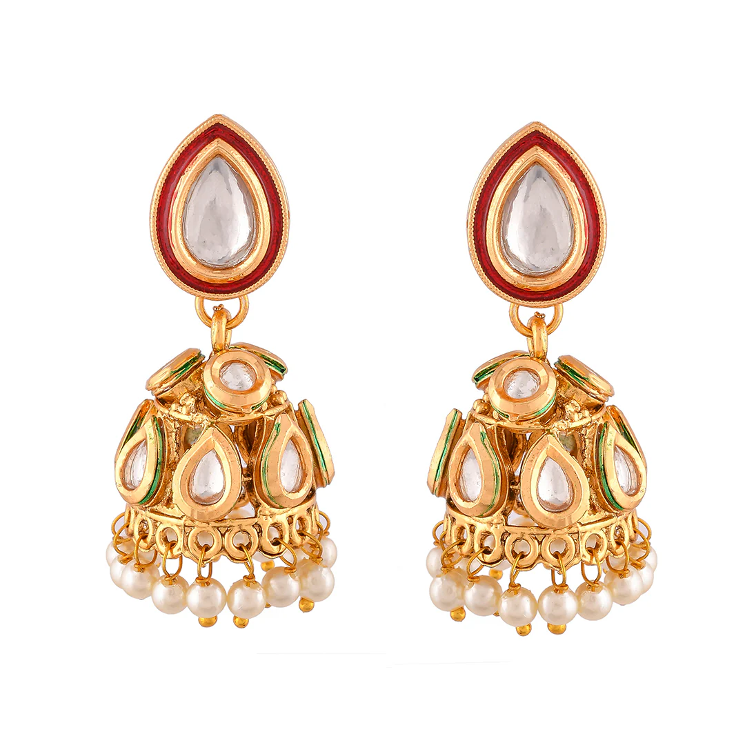 Kundan Elegance Dainty Pearls and Faux Kundan Jhumka Earrings - Image 3