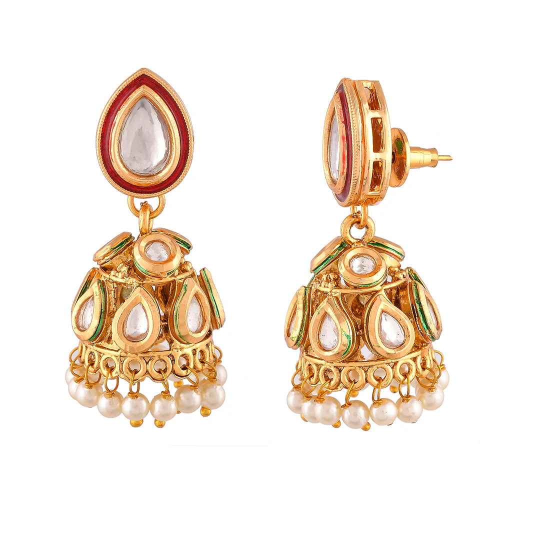 Kundan Elegance Dainty Pearls and Faux Kundan Jhumka Earrings - Image 4