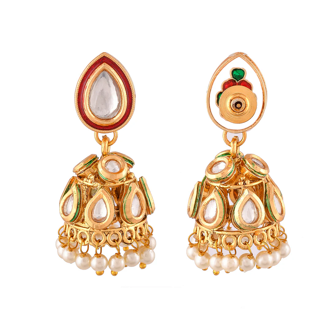 Kundan Elegance Dainty Pearls and Faux Kundan Jhumka Earrings - Image 5