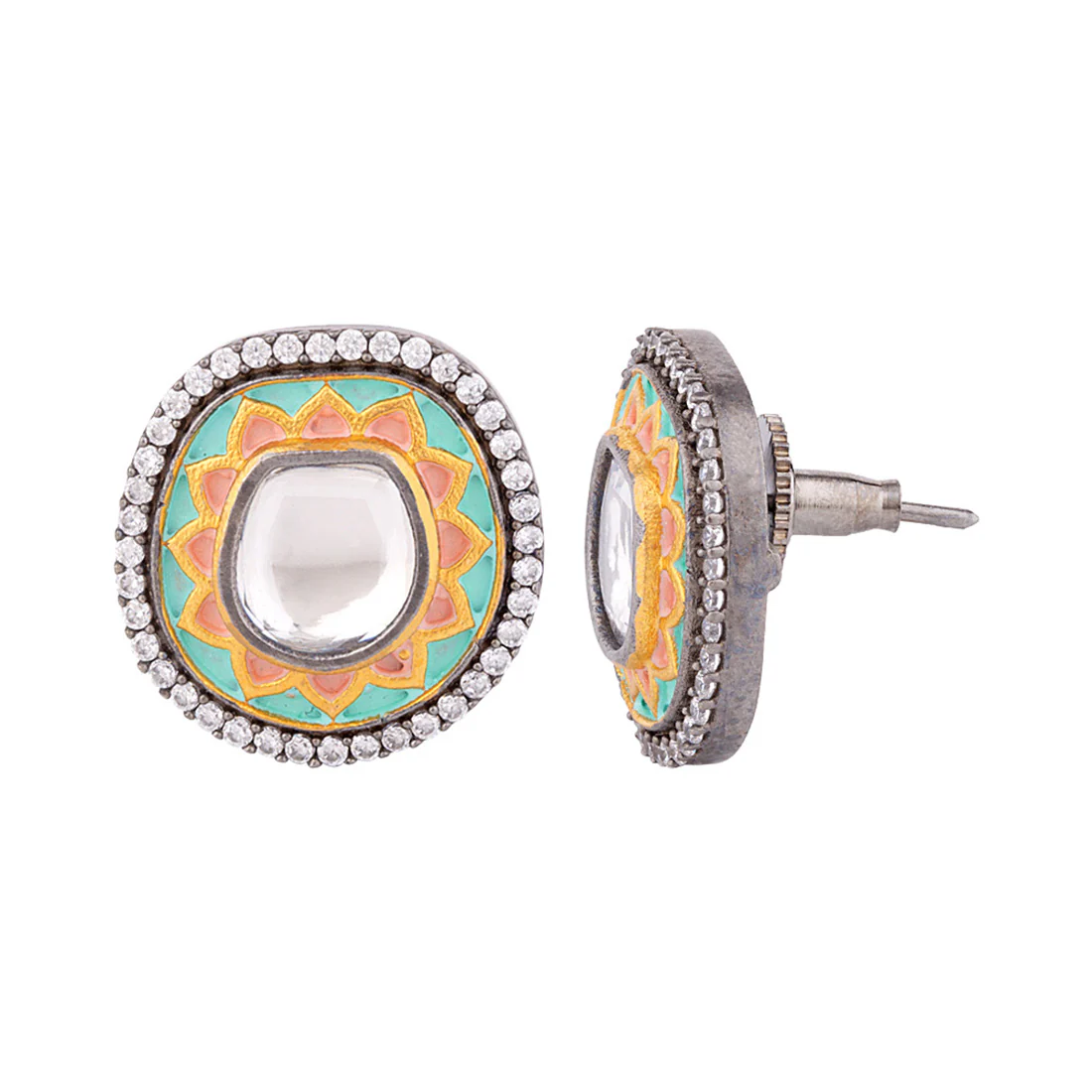 Kundan Elegance Enameled Stud Earrings - Image 4