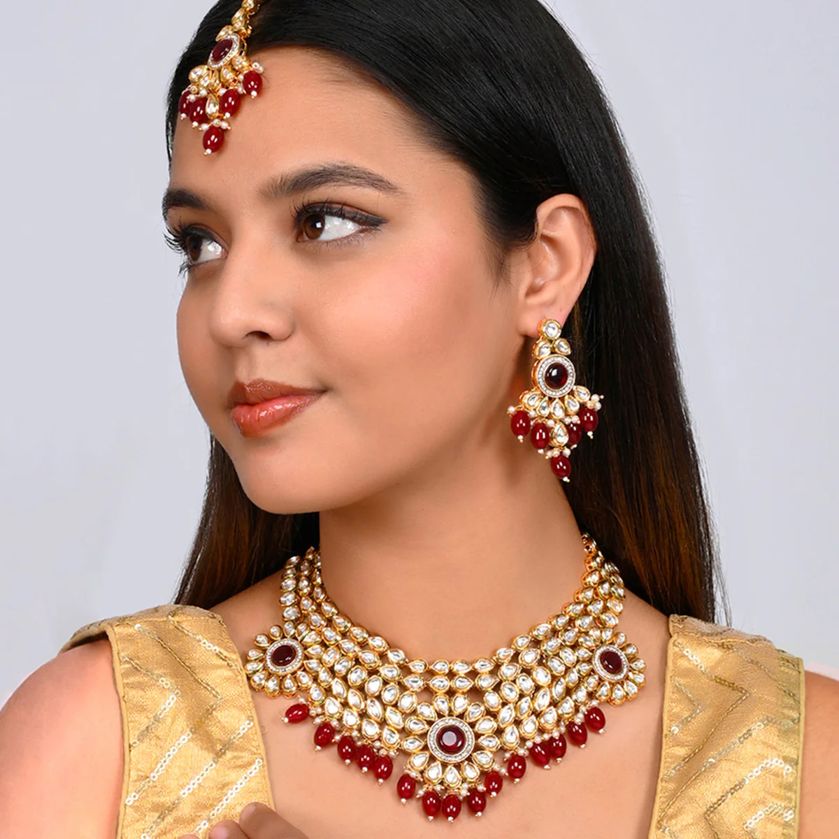 Kundan Elegance Opulent Teardrop Maang Tika Set - Image 2