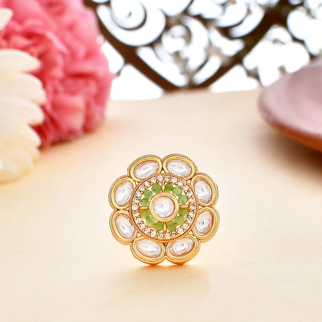 Kundan Elegance Green Beads Oval Cut Faux Kundan Ring | Voylla