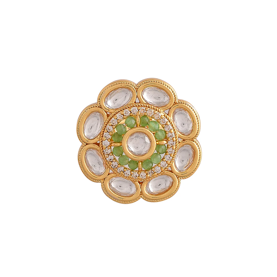 Kundan Elegance Green Beads Oval Cut Faux Kundan Ring | Voylla - Image 3