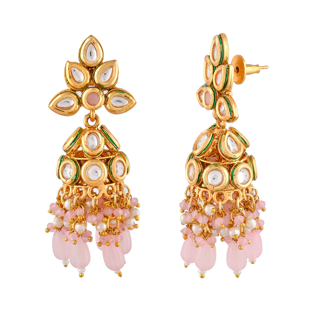 Kundan Elegance Pearl and Pink Beads Faux Kundan Jhumka Earrings - Image 4