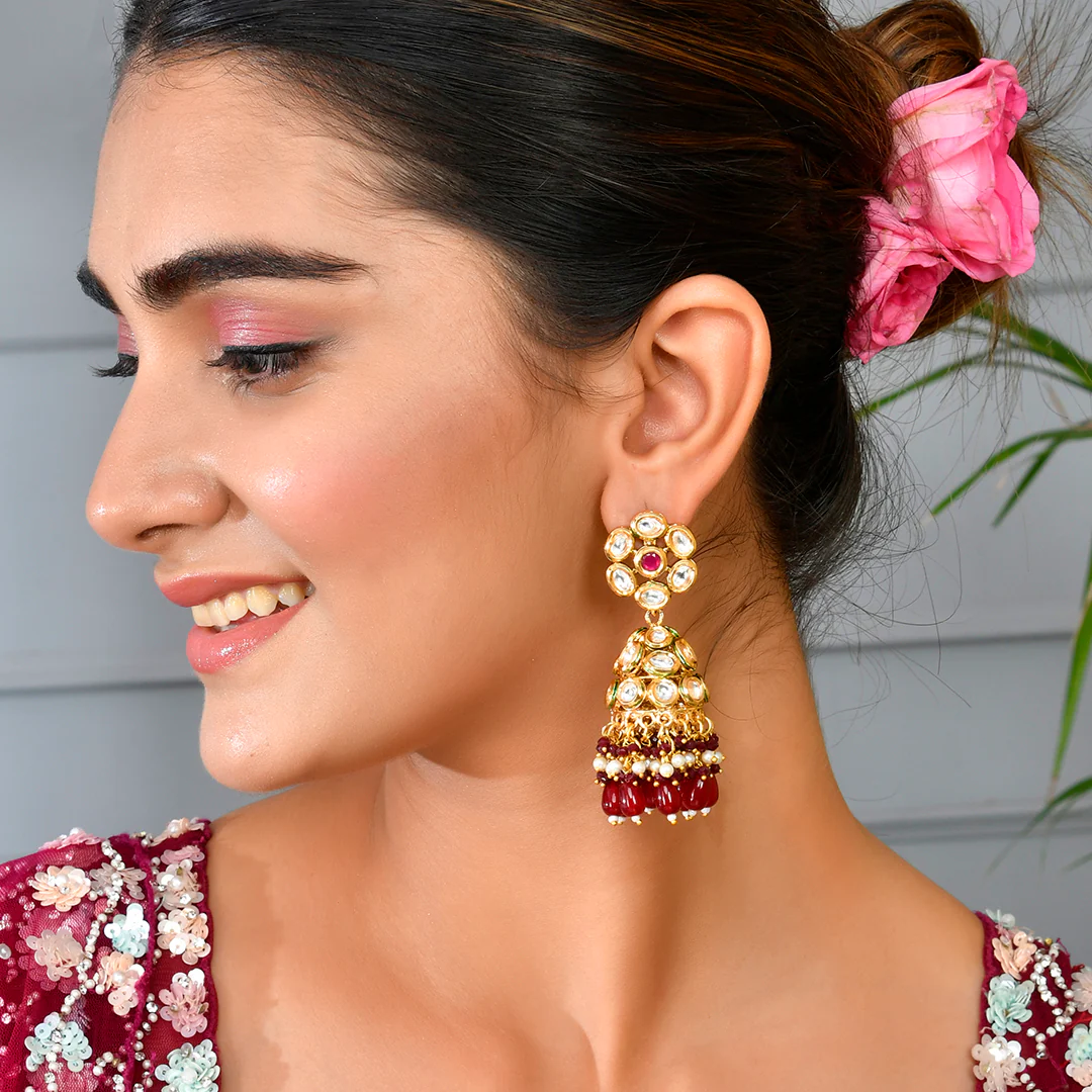 Kundan Elegance Pearl and Red Beads Faux Kundan Jhumka Earrings - Image 2