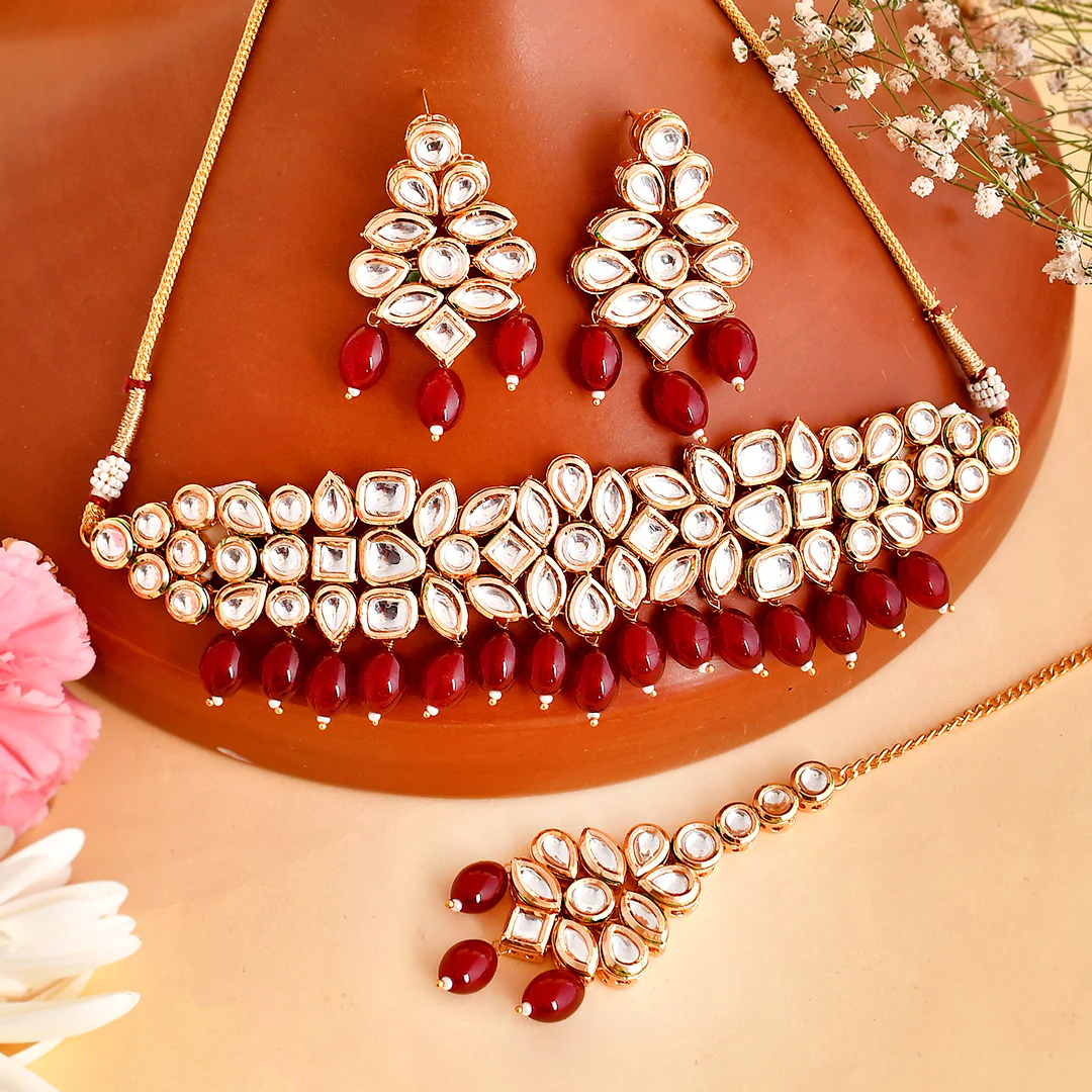 Kundan Elegance Red Beads and Faux Kundan Opulent Maang Tika Set