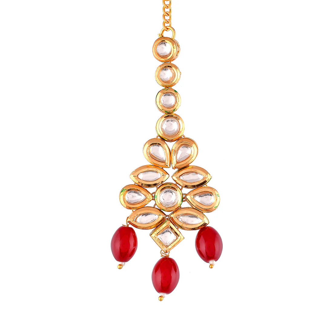 Kundan Elegance Red Beads and Faux Kundan Opulent Maang Tika Set - Image 6