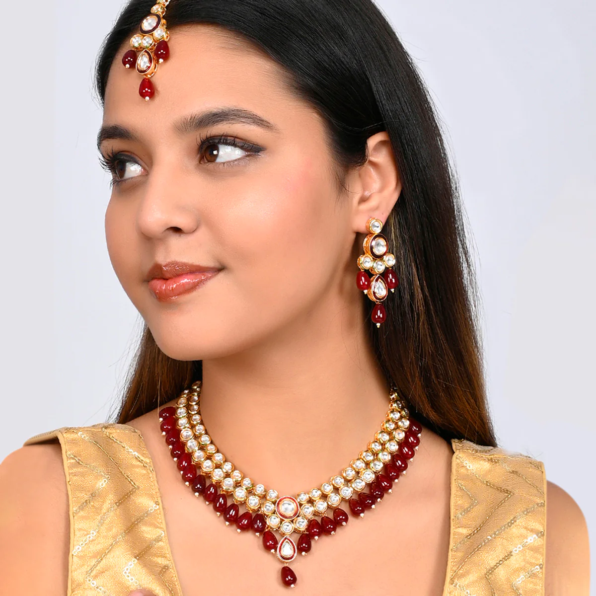 Kundan Elegance Round Cut Gems Beaded Maang Tika Set - Image 2