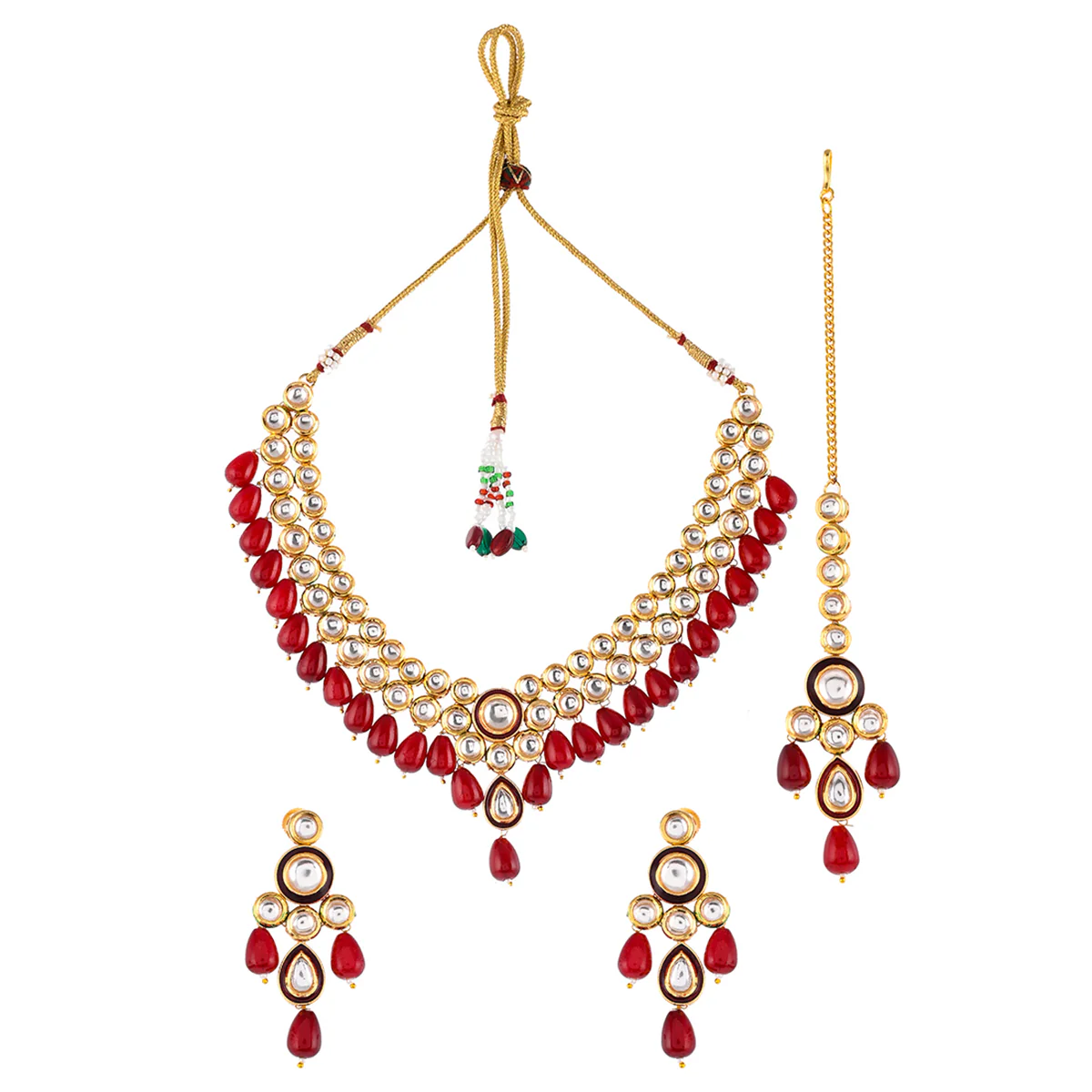 Kundan Elegance Round Cut Gems Beaded Maang Tika Set - Image 3
