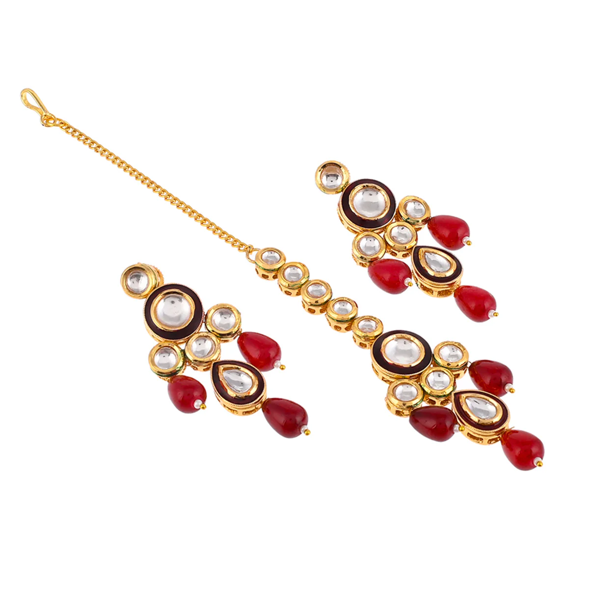 Kundan Elegance Round Cut Gems Beaded Maang Tika Set - Image 6