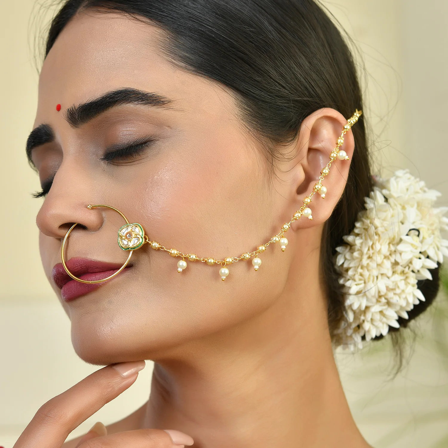 Kundan Elegance Royal Blossom Gold Nose Ring With Chain - Image 2