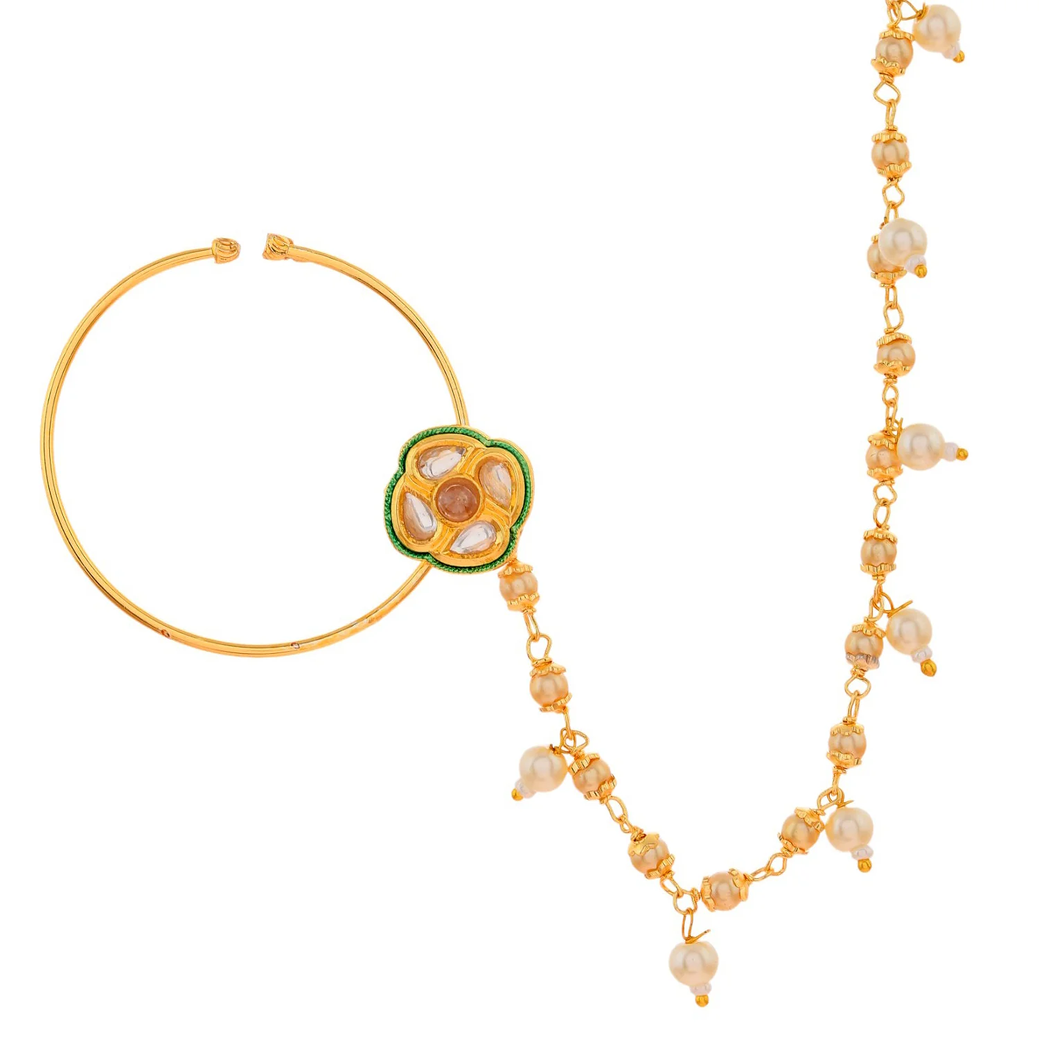 Kundan Elegance Royal Blossom Gold Nose Ring With Chain - Image 3