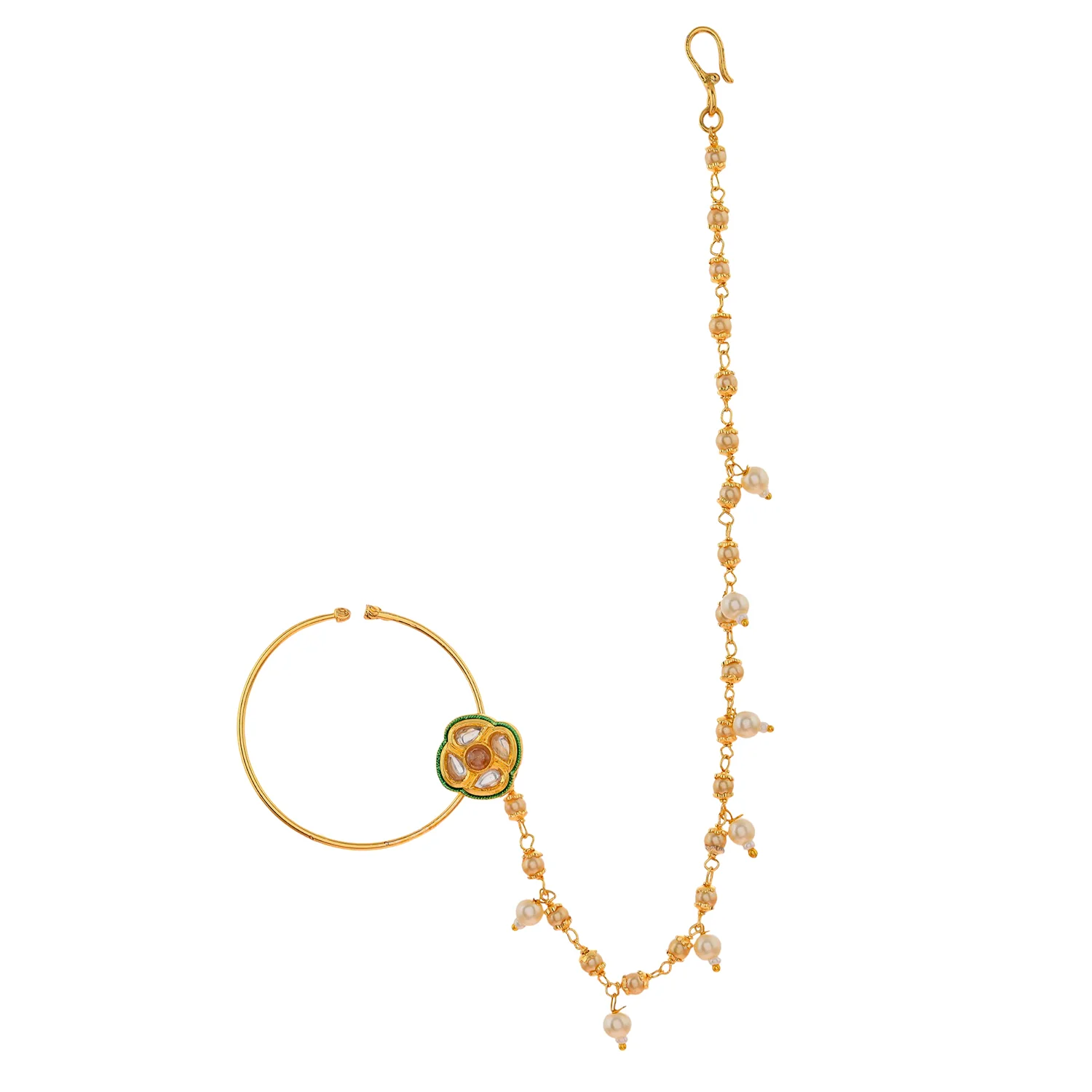 Kundan Elegance Royal Blossom Gold Nose Ring With Chain - Image 4