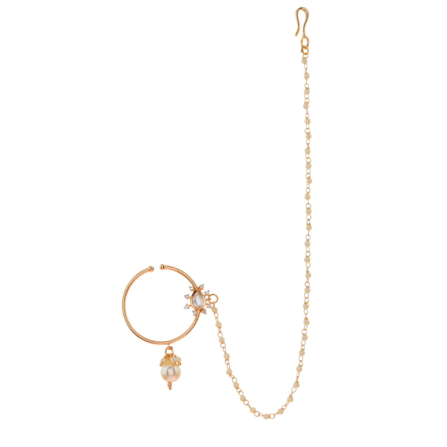 Kundan Elegance Royal Blossom Gold Nose Ring With Chain - Image 4
