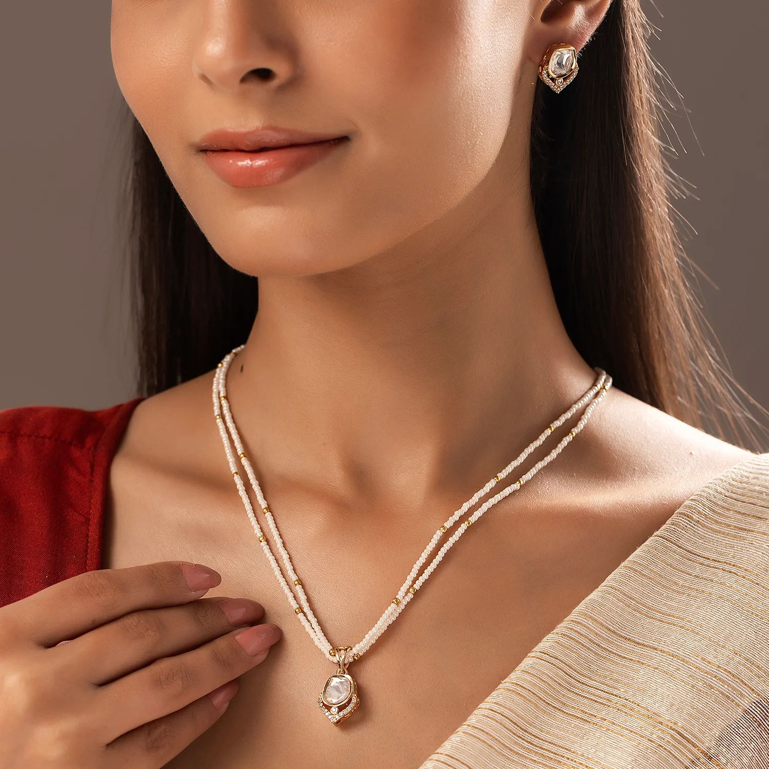 Kundan Elegance Sitaara Kundan Pearl Pendant Set - Image 2