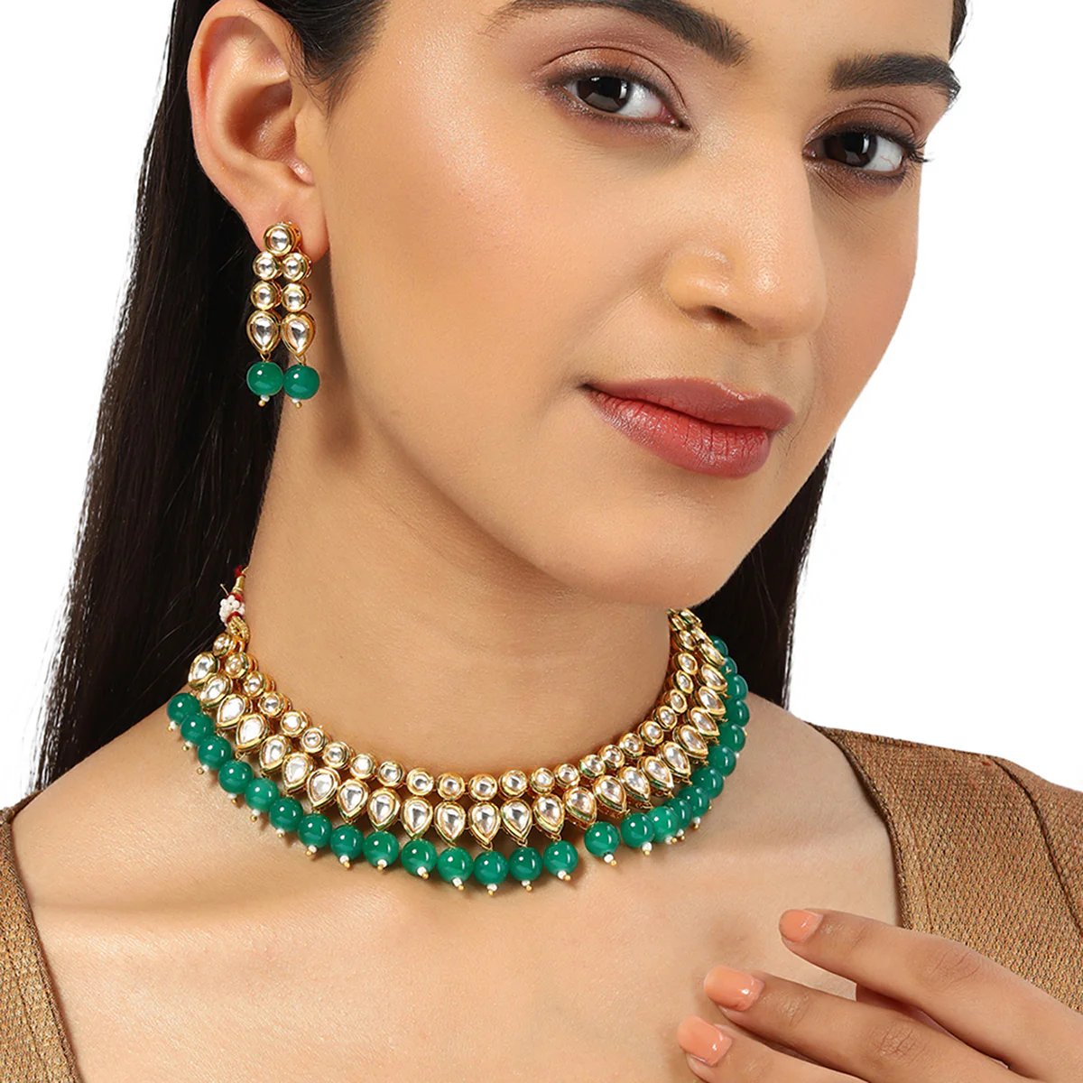 Kundan Elegance Teardrop Stones with Green Beads Jewellery Set - Image 2