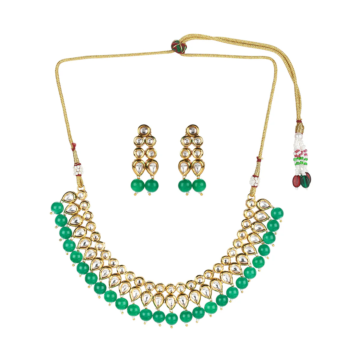 Kundan Elegance Teardrop Stones with Green Beads Jewellery Set - Image 3