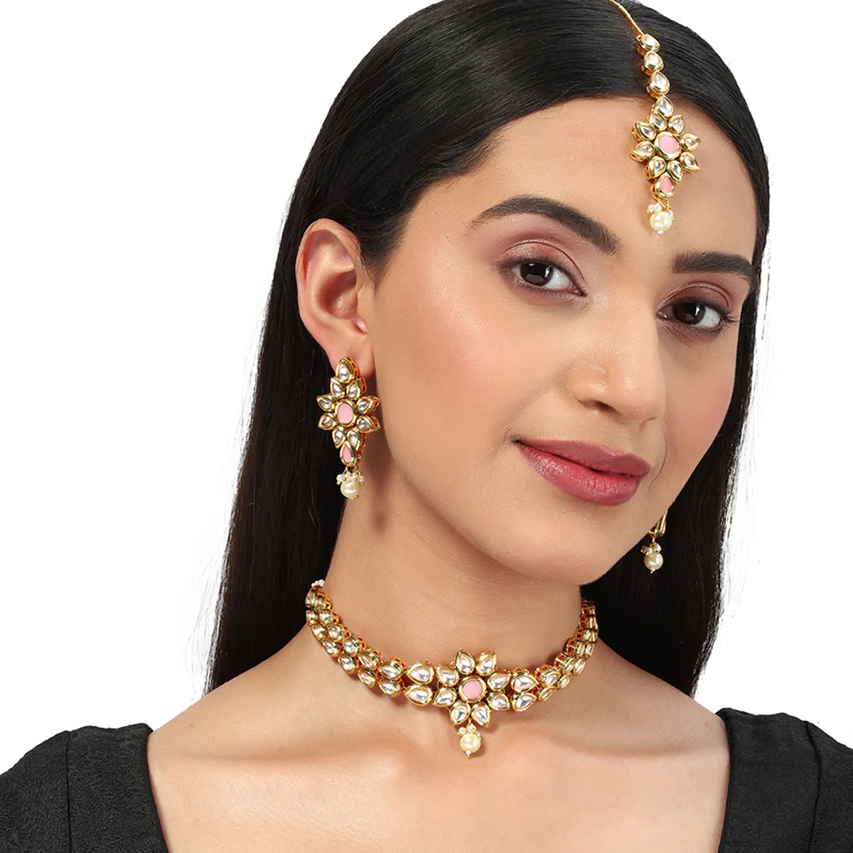 Kundan Gold Plated Blush Sudded Stones Necklace Set - Image 2
