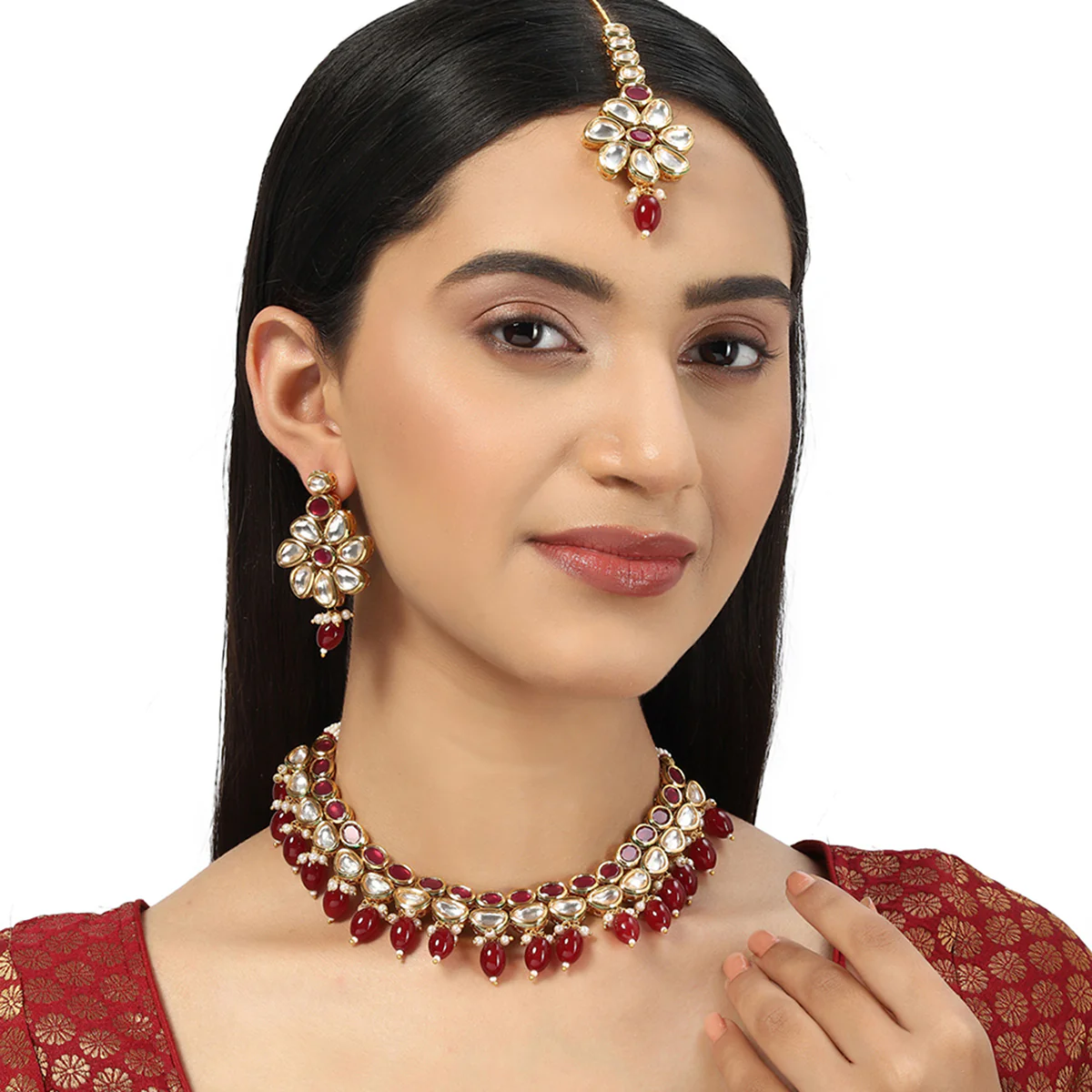 Kundan Gold Plated Necklace Set with Red Stones and Beads - Image 2